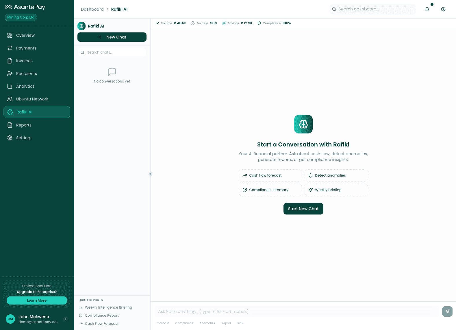 Rafiki three-panel chat interface