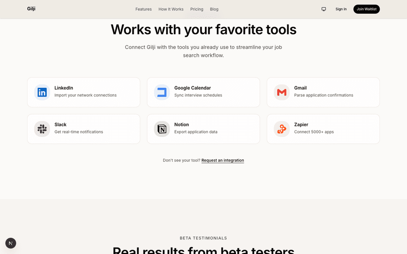 Integrations with LinkedIn, Google Calendar, Gmail, Slack, Notion, and Zapier