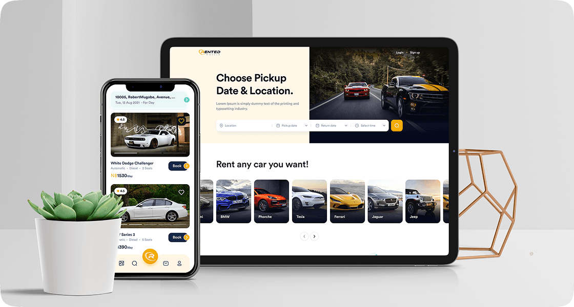 RentedWheels platform on tablet and mobile devices showing car search and listings