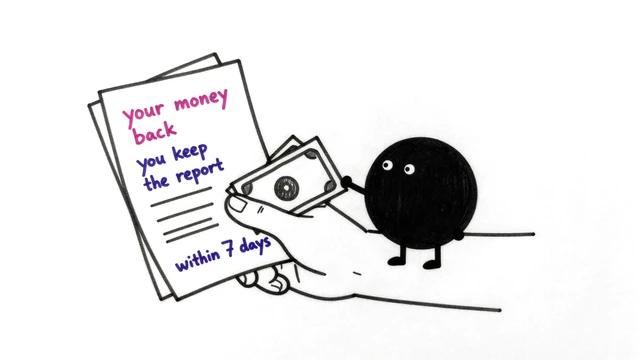 A small black creature hands banknotes back to your hand, which holds the report. Labels: your money back, you keep the report, within 7 days.