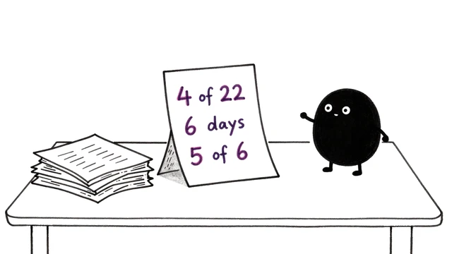 A small black creature has stood one page up on a table beside a loose pile of papers. The page carries the sample report's three headline figures: 4 of 22 (enquiries with no reply), 6 days (working days from call to proposal) and 5 of 6 (proposals sent with no next step agreed).