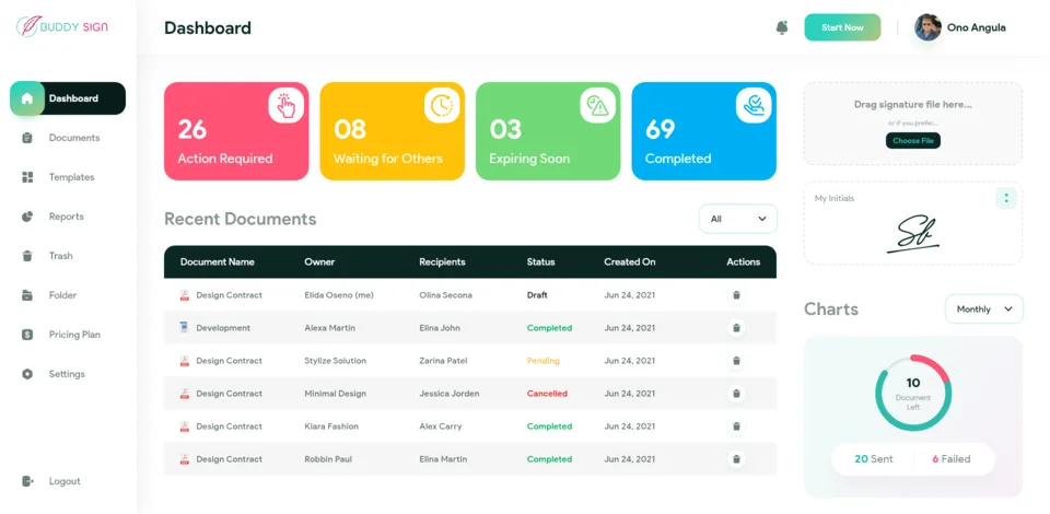 The Buddy Sign dashboard design, with recent documents
