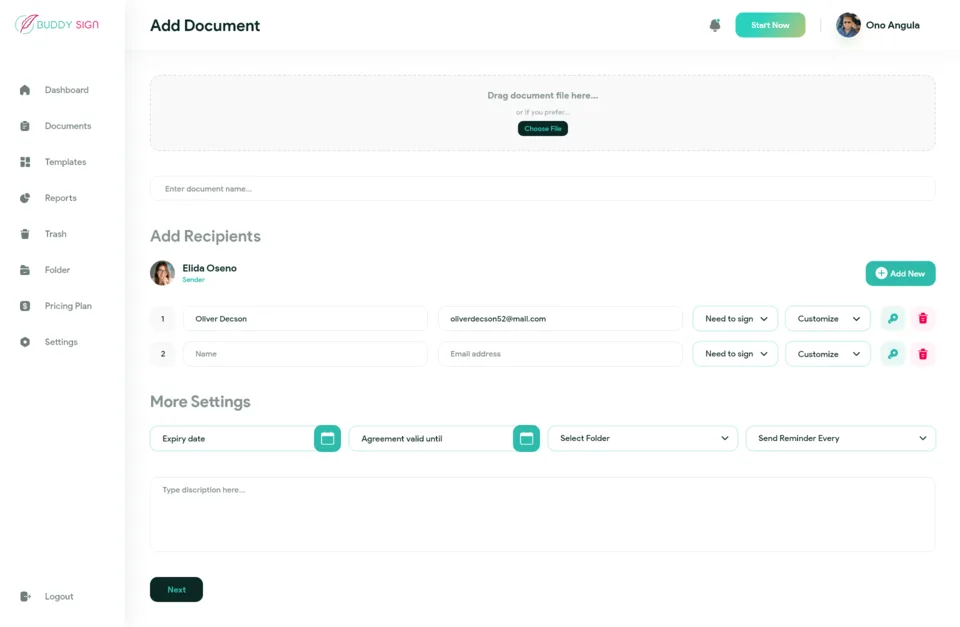 The Buddy Sign design for adding a document and its signers
