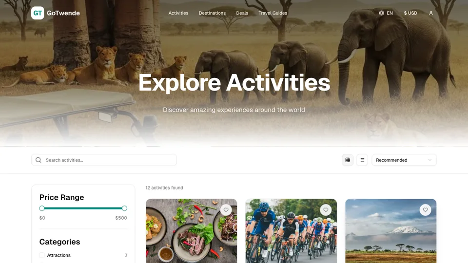 GoTwende's search for activities, with price and category filters