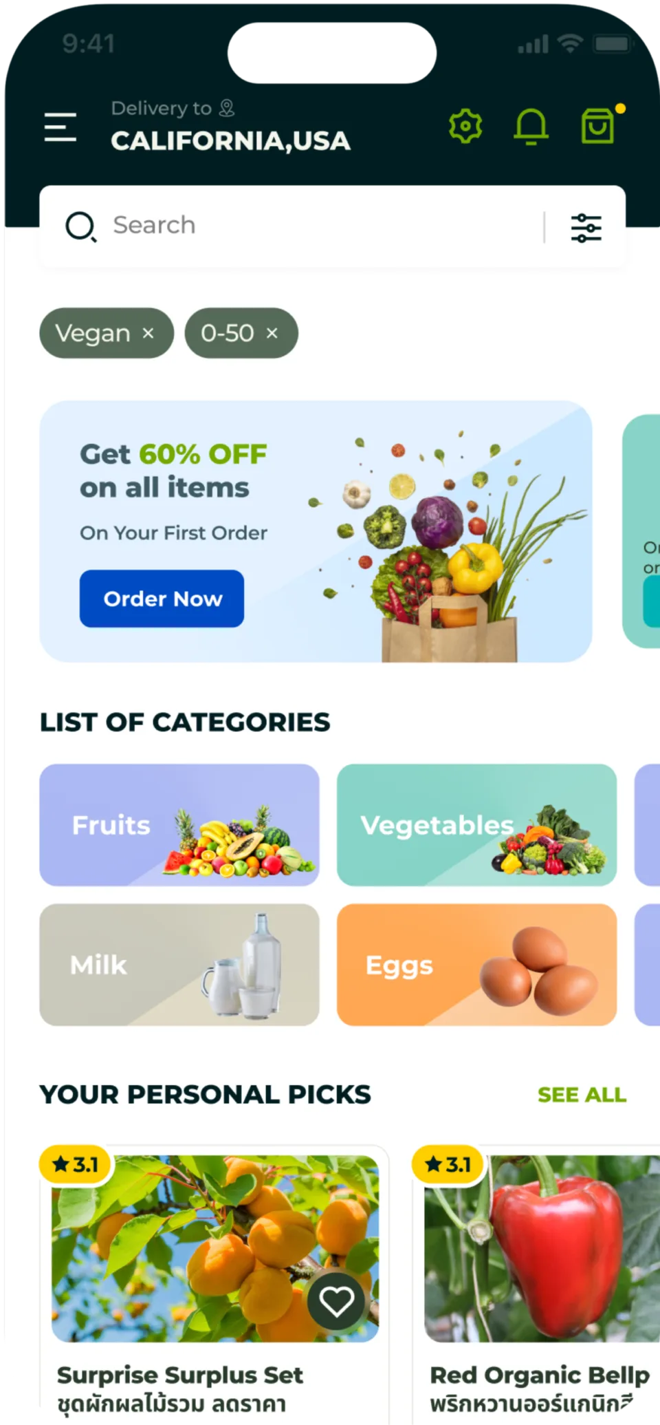 Happy Grocers' mobile app home screen, with categories and personal picks